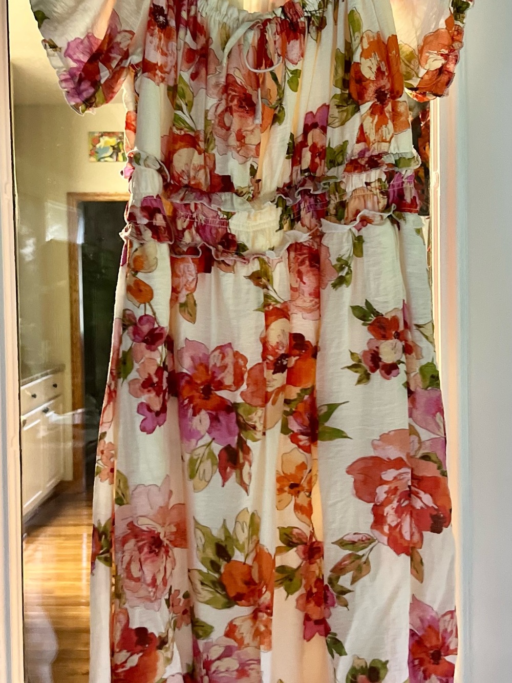 Nicole Miller Cream Maxi Dress with Pink & Orange Floral Print